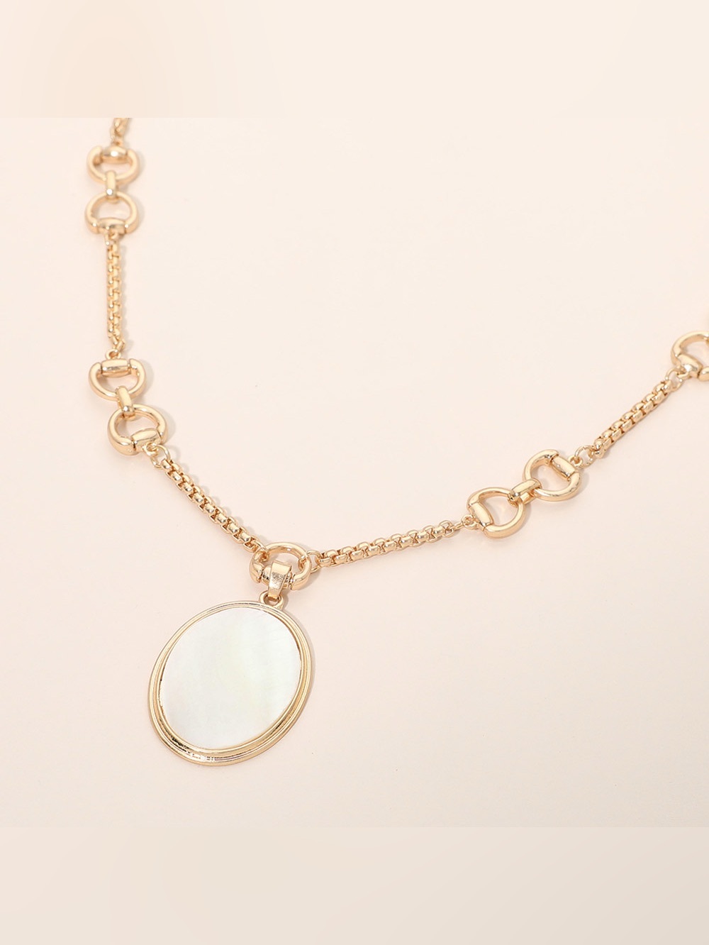 Mother of Pearl Oval Pendant Horsebit Link Chain Necklace